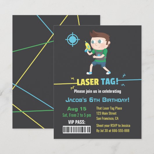 Laser Tag VIP Pas Geboorte Uitnodigingen Jongens (Voorkant / Achterkant)