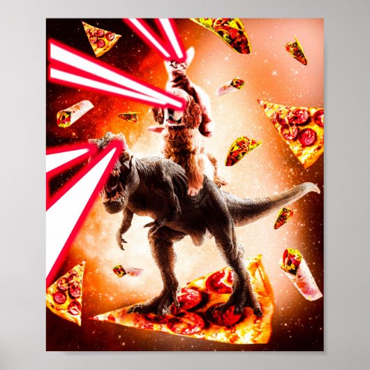 Laseroyes Space Cat Riding Dog en Dinosauer Poster (Voorkant)
