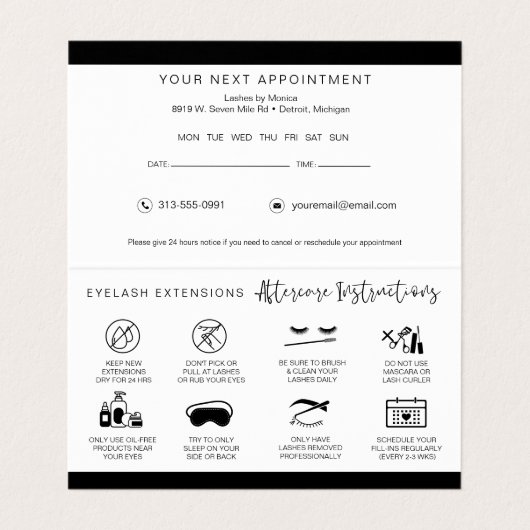 Lash Aftercare Instructions & Appointment Reminder Visitekaartje (Binnenkant ongevouwen)