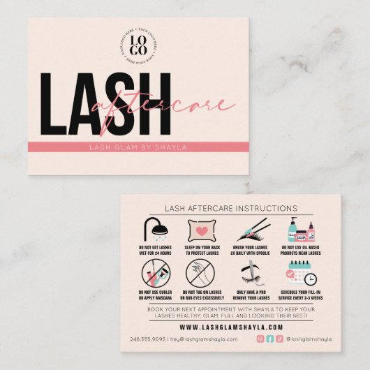 Lash Aftercare Instructions Extensions Care Kaarte Visitekaartje (Voorkant / Achterkant)