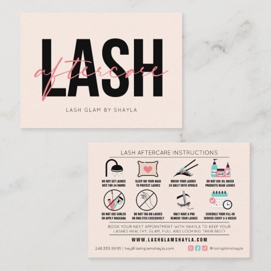 Lash Aftercare Instructions Extensions Care Kaarte Visitekaartje (Voorkant / Achterkant)