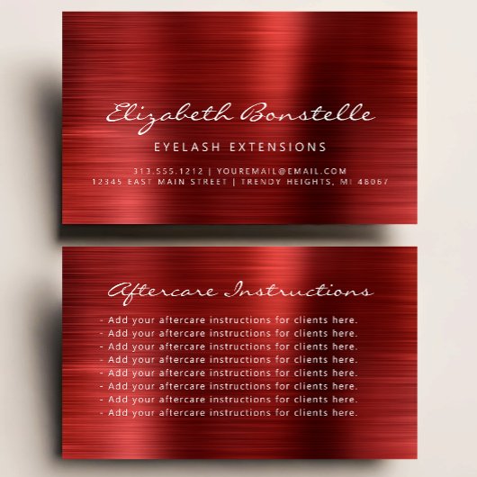 Lash Aftercare Instructions Red Metallic Visitekaartje