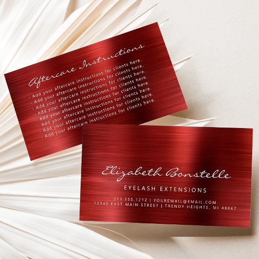 Lash Aftercare Instructions Red Metallic Visitekaartje