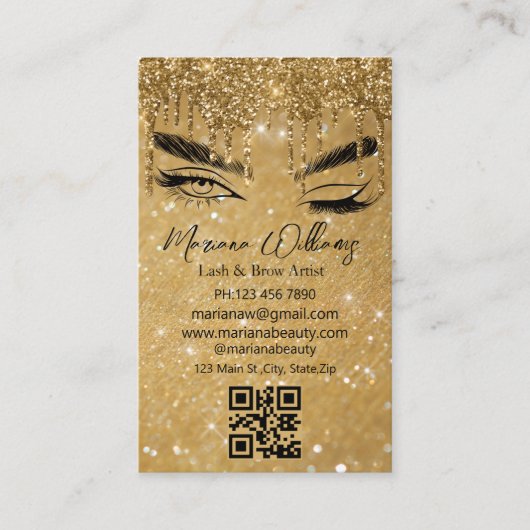 Lash and Brow Artiest QR Code Golden Sparkles Visitekaartje (Voorkant)