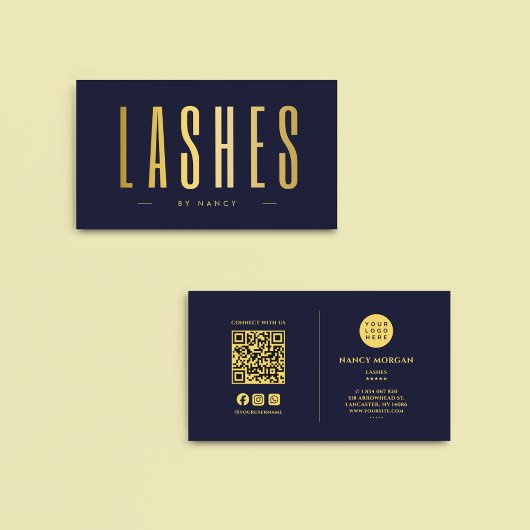 Lash Artiest QR Code & Logo Navy en Goud Visitekaartje