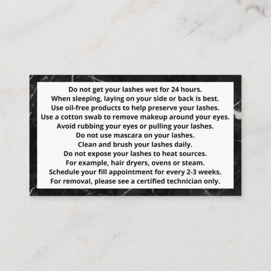 Lash Artist Aftercare Instructions Card Visitekaartje (Achterkant)