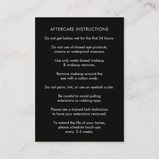 Lash Artist Natercare Instruction Cards Visitekaartje (Achterkant)