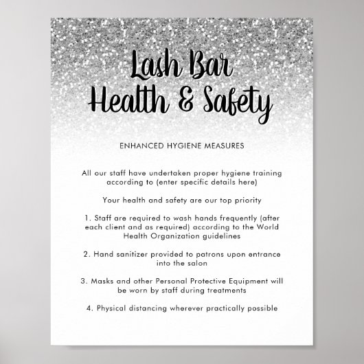 Lash Bar Health Safety Poster Silver Glitter (Voorkant)