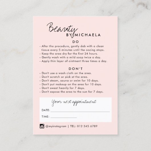 Lash/Brow Aftercare Instructions & Appointes Visitekaartje (Achterkant)
