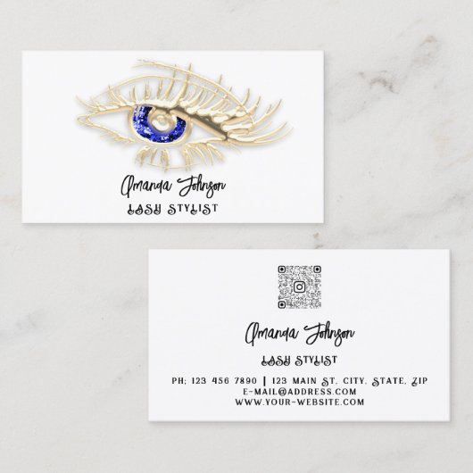 Lash Brow Makeup Logo White Blue Eye Qr Code Gold Visitekaartje (Voorkant / Achterkant)