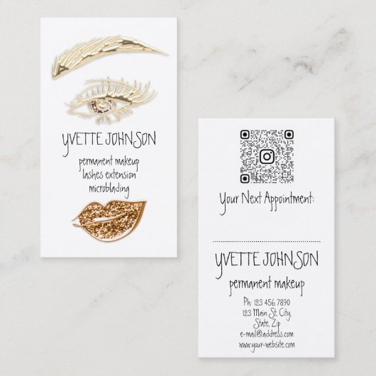 Lash Brow Permanent Makeup Logo QR Gold Kiss Lip Visitekaartje (Voorkant / Achterkant)