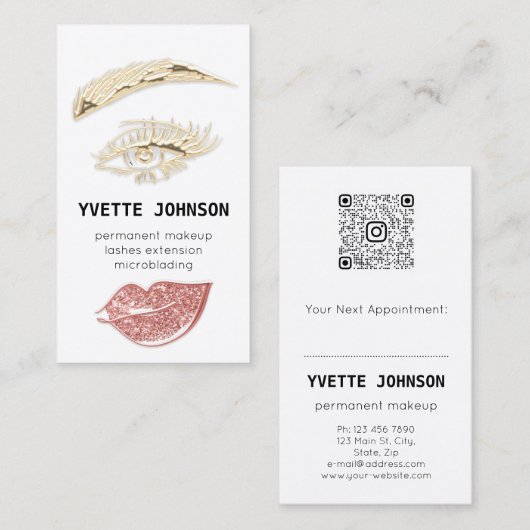 Lash Brow Permanent Makeup Logo QRCode GlitterRose Visitekaartje (Voorkant / Achterkant)
