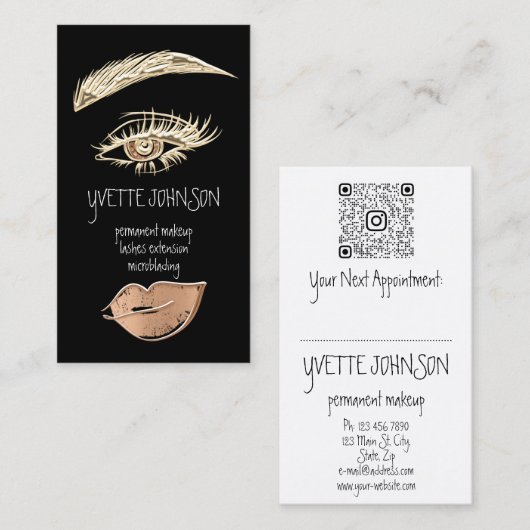 Lash Brow Permanent Makeup Logo QRCode Gold Copper Visitekaartje (Voorkant / Achterkant)