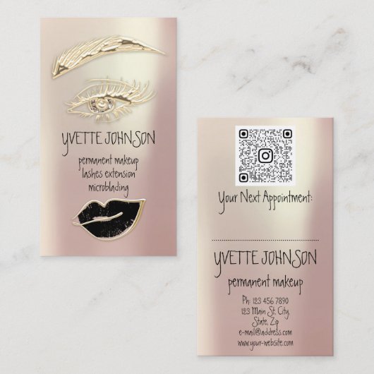 Lash Brow Permanent Makeup QRCode Gold Black Lips Visitekaartje (Voorkant / Achterkant)