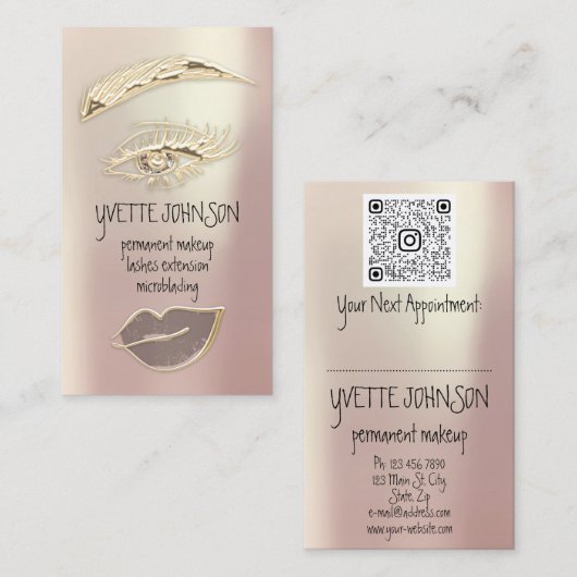 Lash Brow Permanent Makeup QRCode Gold Glitt Lips Visitekaartje (Voorkant / Achterkant)