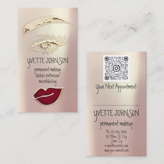 Lash Brow Permanent Makeup QRCode Gold Red Lips Visitekaartje (Voorkant / Achterkant)