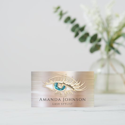 Lash Brows Makeup Logo Blue Eye Qr Code Roos Gold Visitekaartje (Staand voorkant)