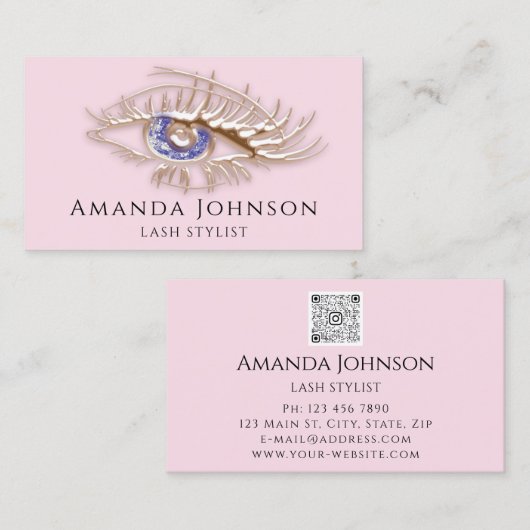 Lash Brows Makeup Logo Blue Eye Qr Code Roos Gold Visitekaartje (Voorkant / Achterkant)