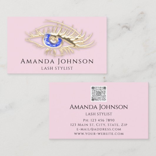 Lash Brows Makeup Logo Blue Eye Qr Code Roze Gold Visitekaartje (Voorkant / Achterkant)