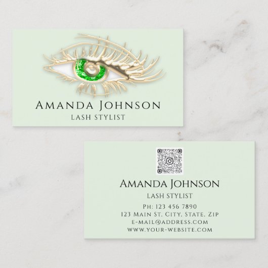 Lash Brows Makeup Logo Green Eye Qr Code Gold Visitekaartje (Voorkant / Achterkant)