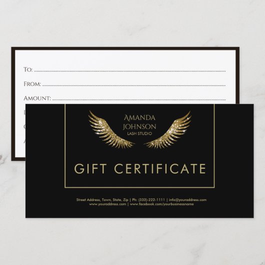 Lash Cadeaubon Wit Gouden Vleugels Zwart Bedankkaart (Voorkant / Achterkant)