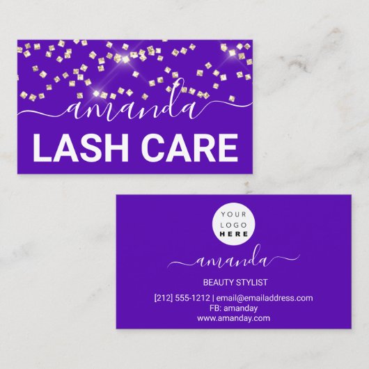 Lash Care Makeup Logo Gold Confetti Paars Visitekaartje (Voorkant / Achterkant)