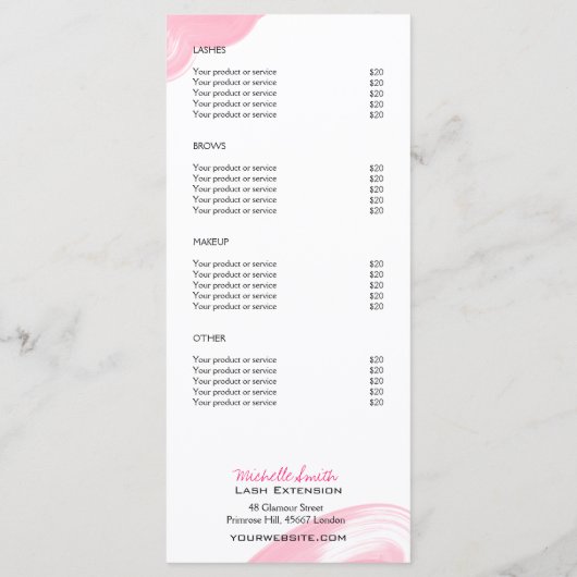 Lash extensie Minimalist Lash Services prijslijst Menu (Achterkant)