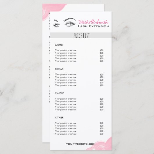 Lash extensie Minimalist Lash Services prijslijst Menu (Voorkant / Achterkant)