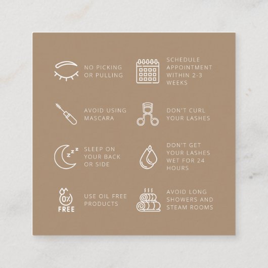 Lash Extension Aftercare SocialMedia Neutraal Beig Vierkante Visitekaartje (Achterkant)