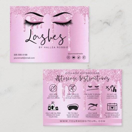Lash Extension Natercare roze druppelaar Glitter Visitekaartje (Voorkant / Achterkant)