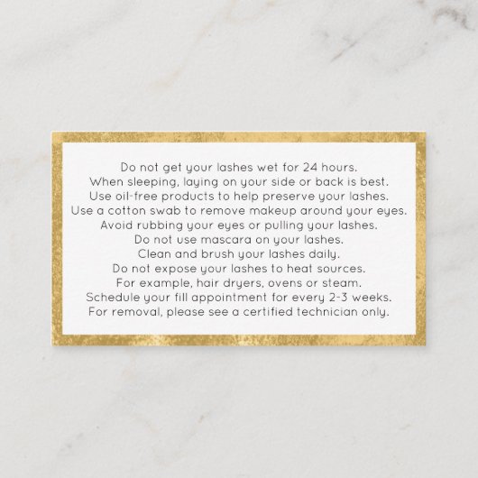 Lash Extensions Aftercare Card Faux Gold Visitekaartje (Achterkant)