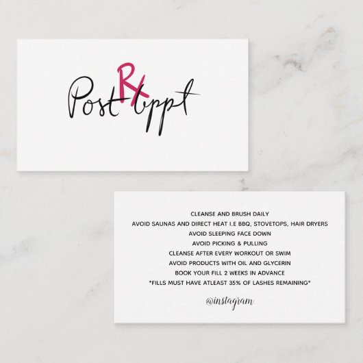 Lash Extensions Aftercare Card - Rx Visitekaartje (Voorkant / Achterkant)