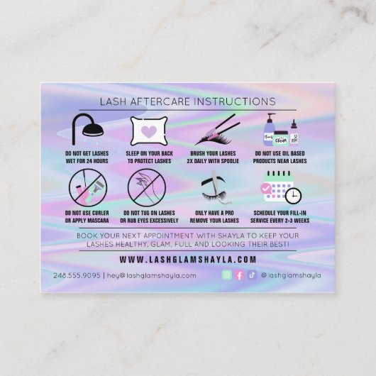 Lash Extensions Aftercare Instructies Holographic Visitekaartje (Achterkant)
