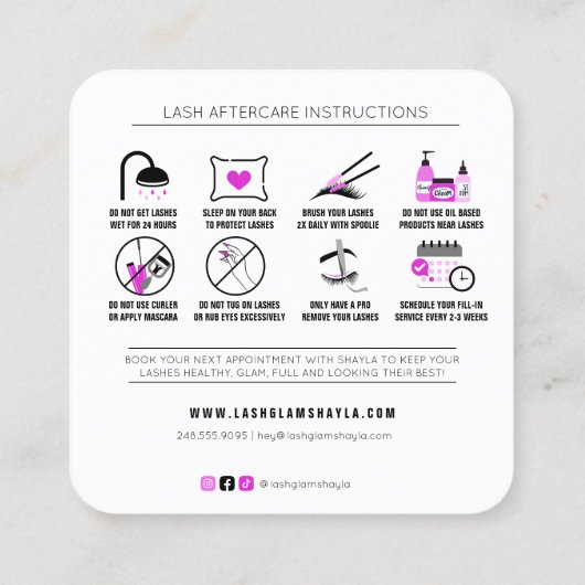 Lash Extensions Aftercare Instructies Hot Pink Sq Vierkante Visitekaartje (Achterkant)