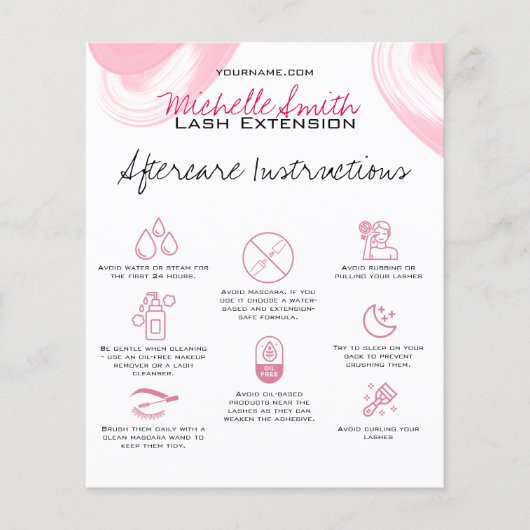 Lash extensions Aftercare Instructies Icon Pink Flyer (Voorkant)