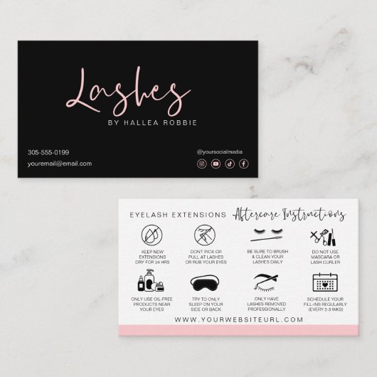 Lash Extensions Aftercare Instructies Modern Roze Visitekaartje (Voorkant / Achterkant)