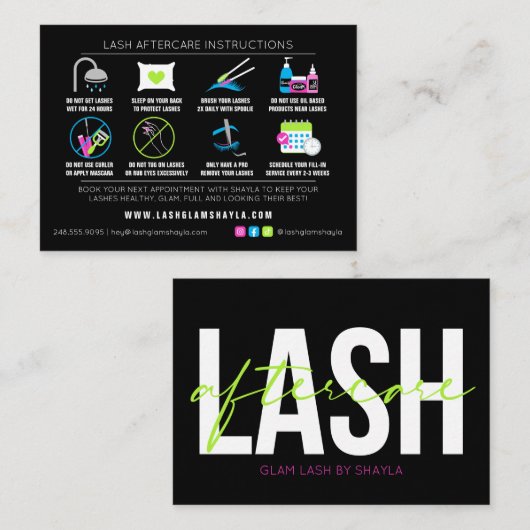 Lash Extensions Aftercare Instructies - Vet Neon Visitekaartje (Voorkant / Achterkant)