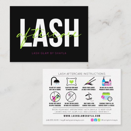 Lash Extensions Aftercare Instructies - Vet Neon Visitekaartje (Voorkant / Achterkant)