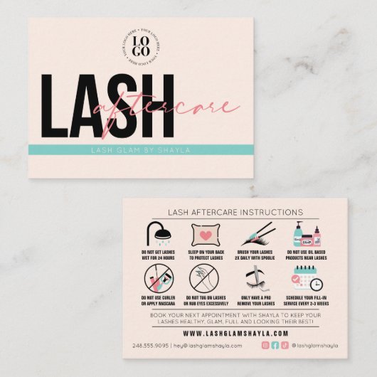 Lash Extensions Aftercare Instruction Care Kaarten Visitekaartje (Voorkant / Achterkant)