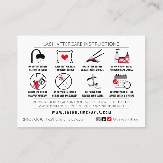 Lash Extensions Aftercare Instructions Aanwijzing Visitekaartje (Achterkant)