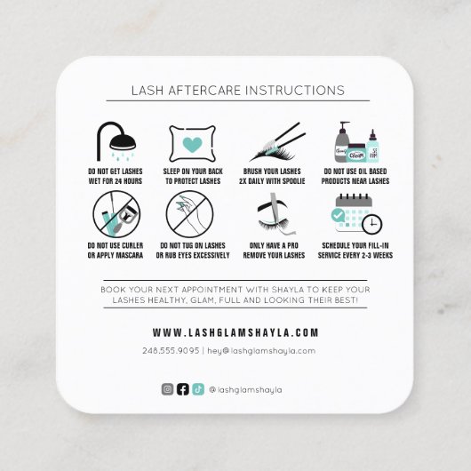 Lash Extensions Aftercare Instructions Square Busi Vierkante Visitekaartje (Achterkant)