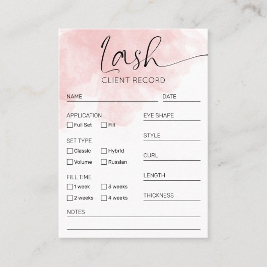 Lash Extensions Client Form Blush Waterverf Salon Visitekaartje (Voorkant)