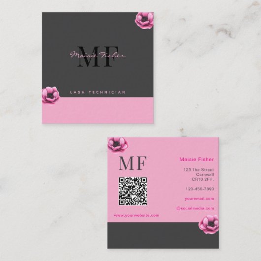 Lash Extensions Event Planner QR Code Monogram Vierkante Visitekaartje (Voorkant / Achterkant)