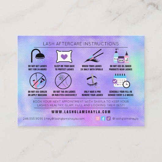 Lash Extensions Holographic Aftercare Instructions Visitekaartje (Achterkant)