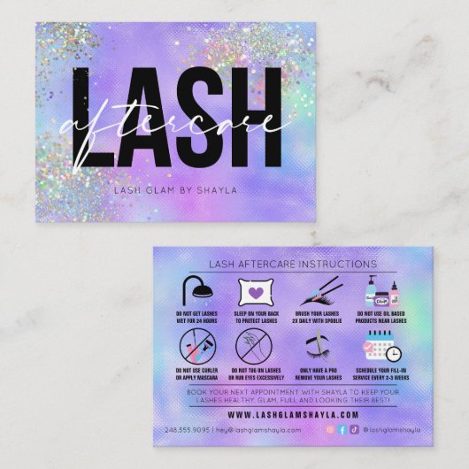 Lash Extensions Holographic Aftercare Instructions Visitekaartje (Voorkant / Achterkant)