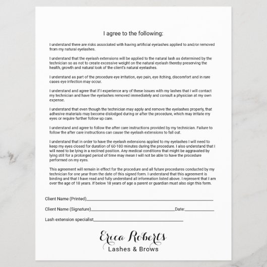 Lash Extensions Liability Waiver Release Form Flyer (Achterkant)
