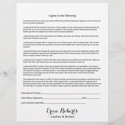 Lash Extensions Liability Waiver Release Form Flyer (Achterkant)
