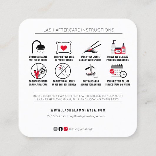 Lash Extensions nazorginstructies Vierkante Visitekaartje (Achterkant)