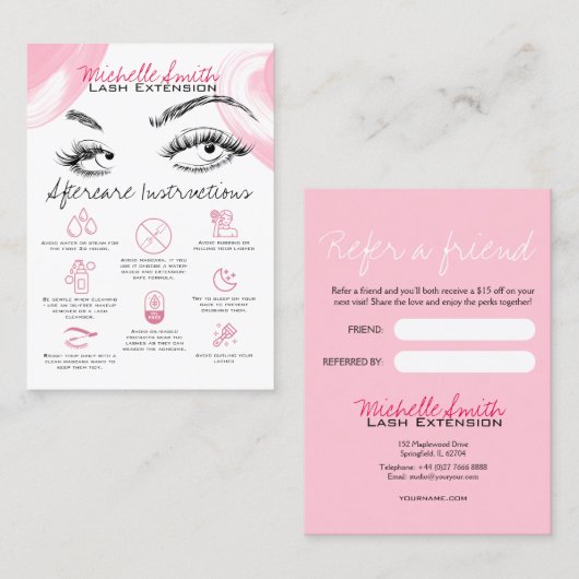 Lash extensions Pink Aftercare Verwijs een vriend Visitekaartje (Voorkant / Achterkant)