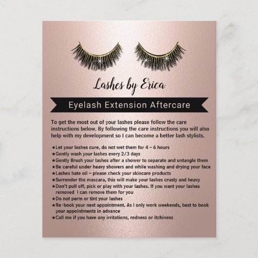 Lash Extensions Roos Gold Aftercare Instruction Flyer (Voorkant)